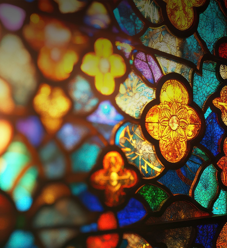 Sunlight filtered through the stained glass window, casting vibrant colors across the church interior.
