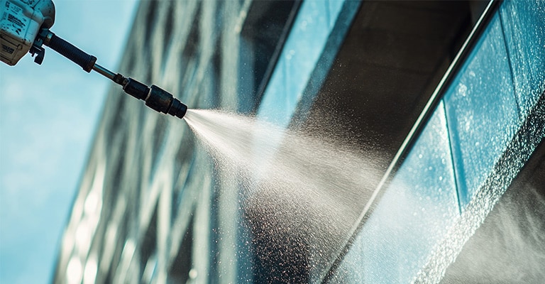 A close-up, dynamic shot of a high-pressure washer being used to clean the exterior of a modern building.
