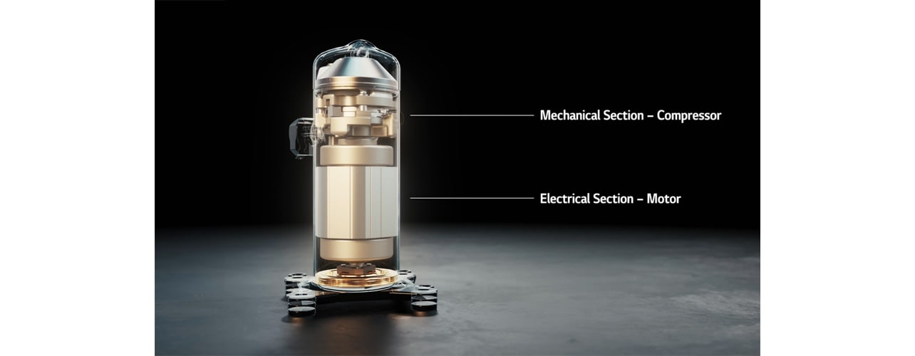 An image of a transparent scroll compressor with text