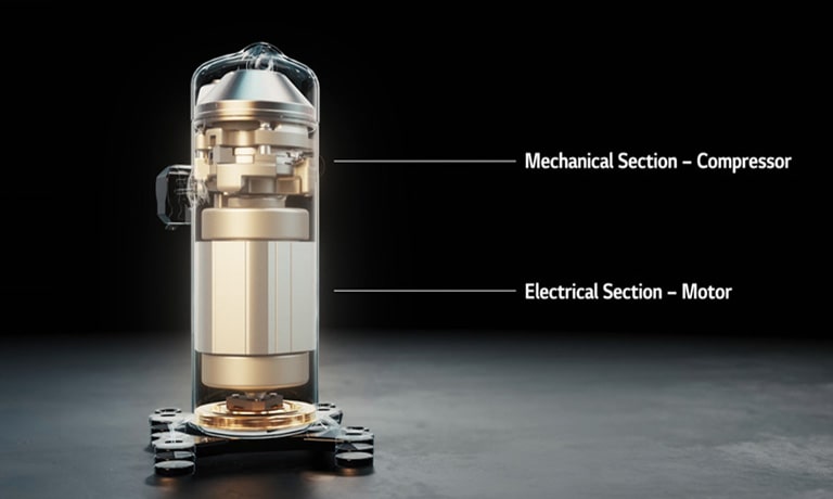 An image of a transparent scroll compressor with text