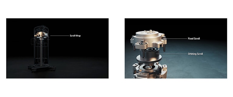 An image of a scroll wrap, a fixed scroll and an orbiting scroll