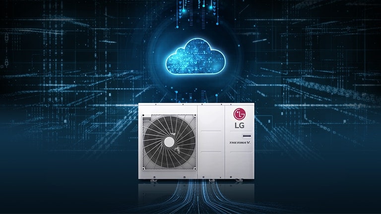 An LG Therma V unit is displayed against a futuristic blue-toned background, accented by an ethereal cloud outline hovering above it.