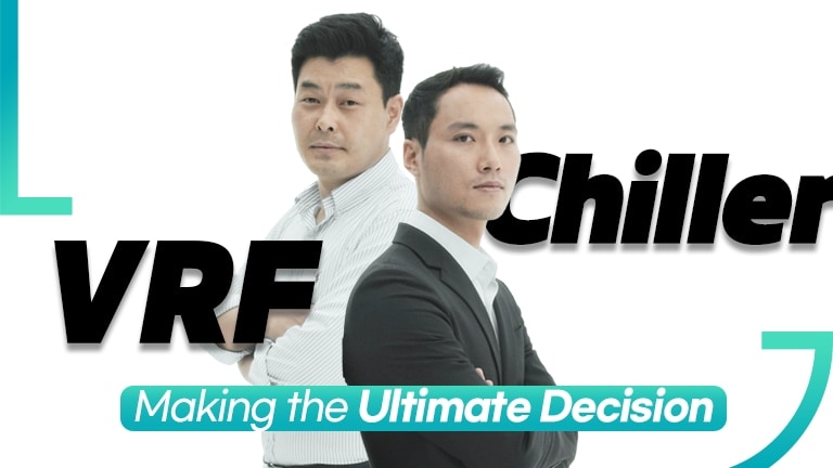 Two Asian men stand back to back at the center, encircled by the words 'VRF' and 'Chiller' woven around them.