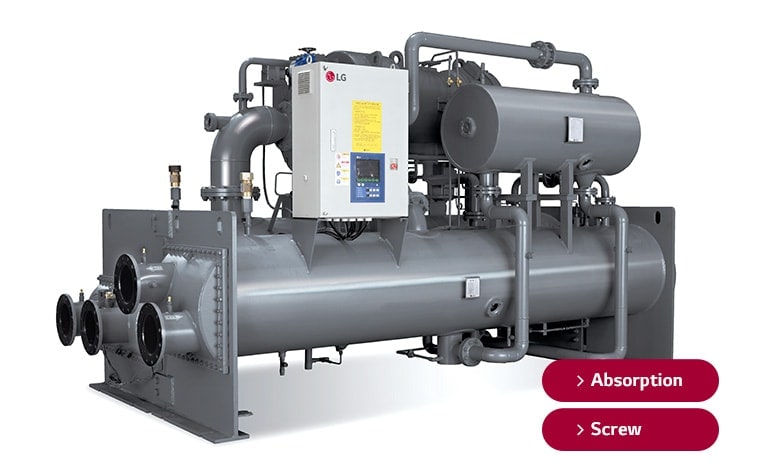 LG Centrifugal Chiller unit, a grey-toned assembly of circular and rectangular forms, adorned with red tags marking centrifugal, and screw.