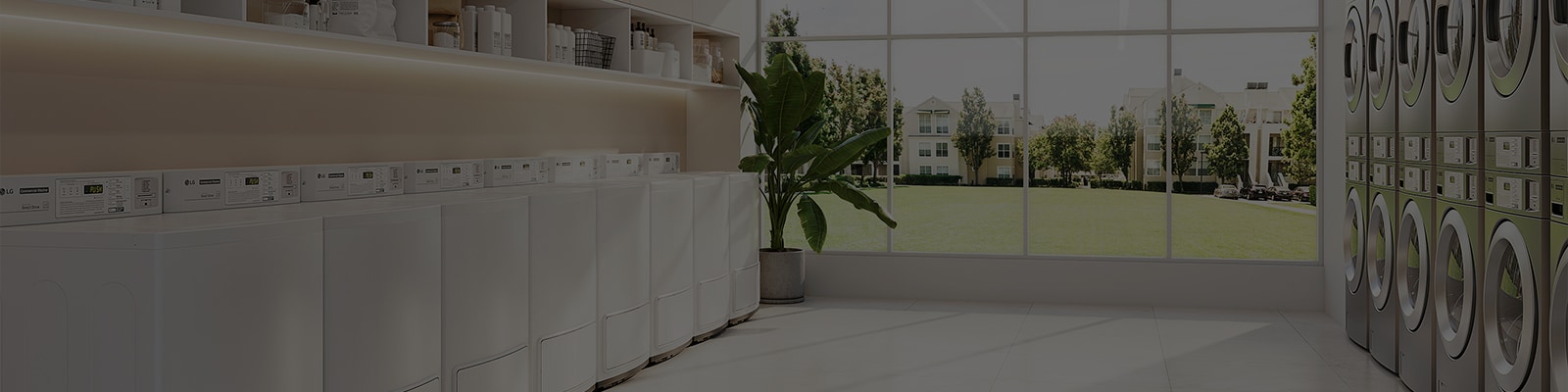 A modern, well-lit laundromat with LG commercial washers and dryers neatly aligned. Large windows offer a view of a green outdoor area, bringing in plenty of natural light.