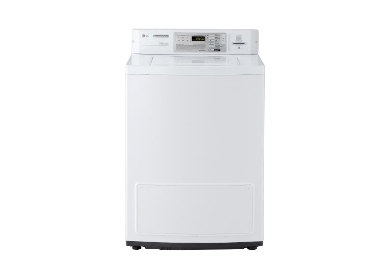 A front-loading commercial washing machine in white with a card slot on top. The machine has a digital control panel and a large glass door.