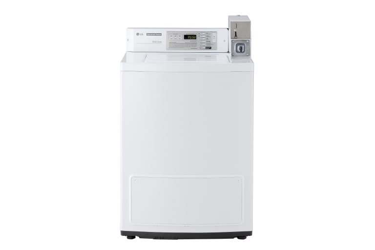 A front-loading commercial washing machine in white with a coin slot on top. The machine has a digital control panel and a large glass door.