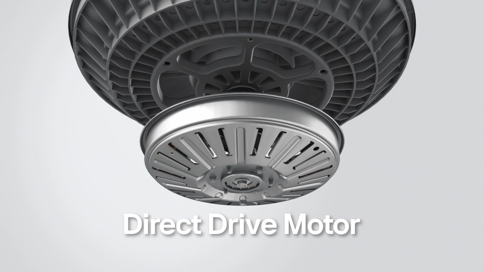 A close-up image of a washing machine's direct drive motor. The motor is shown from below, with its circular base and internal components visible.