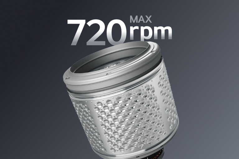 A close-up image of a washing machine drum with the text "MAX 720rpm" displayed prominently. The drum appears to be made of a perforated metal with a silver finish.