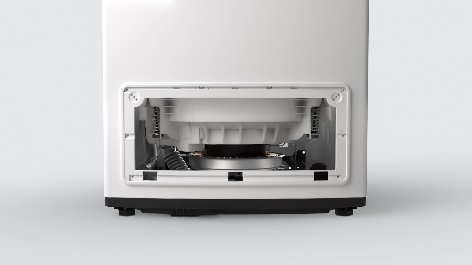 A close-up image of a washing machine with the front panel removed, revealing the internal components. The motor and other parts are clearly visible.