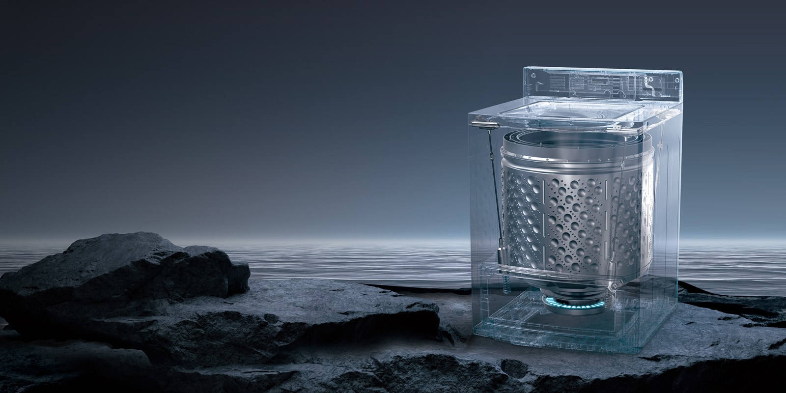 Transparent LG top-loading washing machine showcasing a metallic drum with circular holes, resting on a glowing blue base, set against a dark, smooth background.