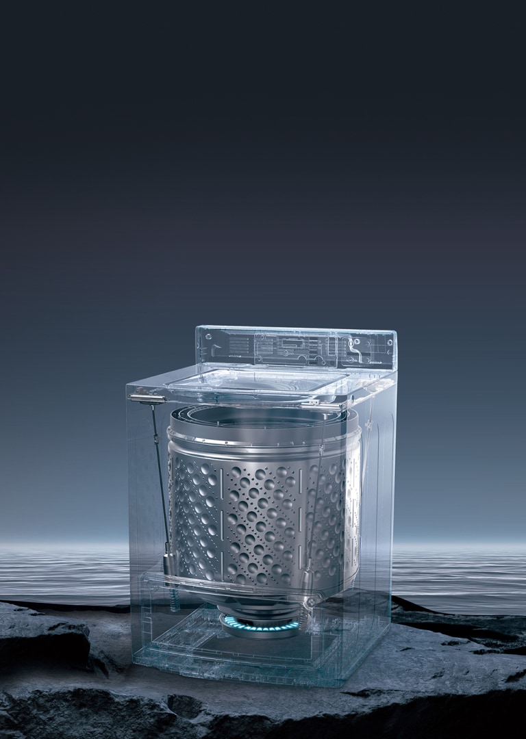 Transparent LG top-loading washing machine showcasing a metallic drum with circular holes, resting on a glowing blue base, set against a dark, smooth background.