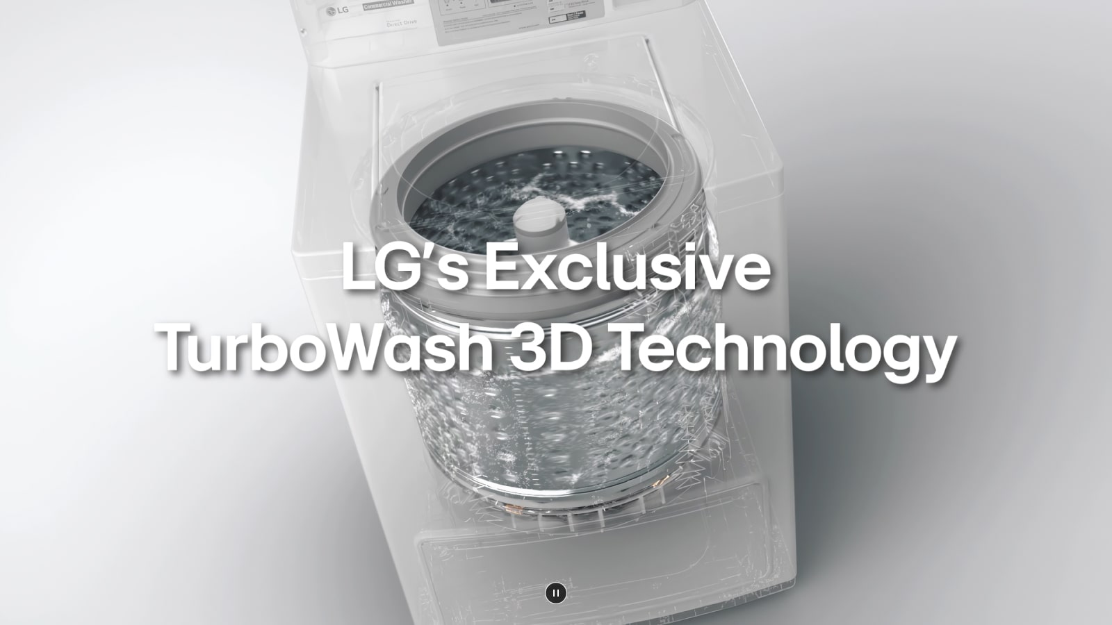 A transparent view of a washing machine with water swirling around the drum. The text "LG's Exclusive TurboWash 3D Technology" is displayed prominently above the machine.