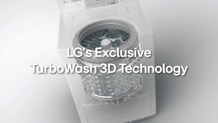 A transparent view of a washing machine with water swirling around the drum. The text "LG's Exclusive TurboWash 3D Technology" is displayed prominently above the machine.