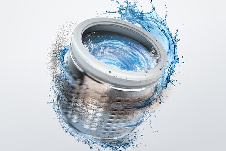 A close-up of a lg washing machine tub spinning with water splashing out. The tub is stainless steel with a perforated drum.