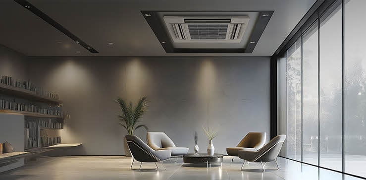 Minimalist lounge area with an ceiling cassette air conditioner embedded in the ceiling, offering discreet and even airflow in a spacious commercial-like setting.