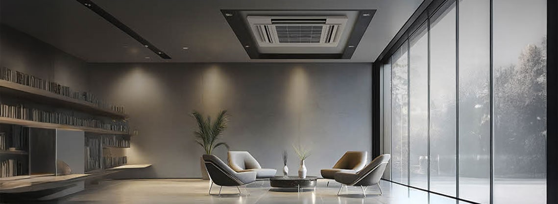 Minimalist lounge area with an ceiling cassette air conditioner embedded in the ceiling, offering discreet and even airflow in a spacious commercial-like setting.