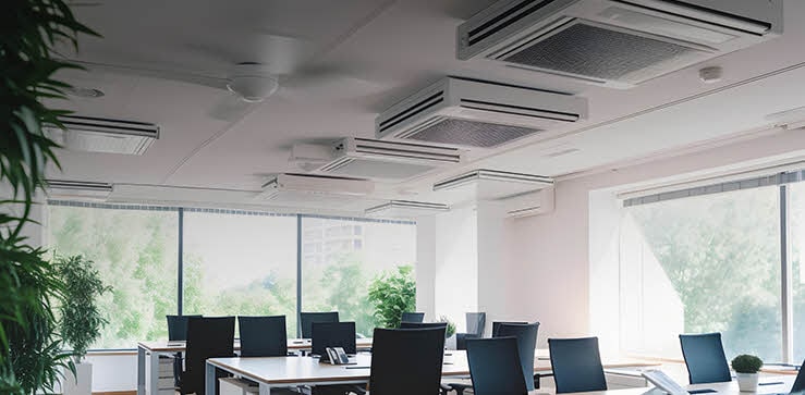 Bright office setting with multiple ceiling-type air conditioning units aligned in rows, delivering even and efficient airflow throughout a shared workspace.