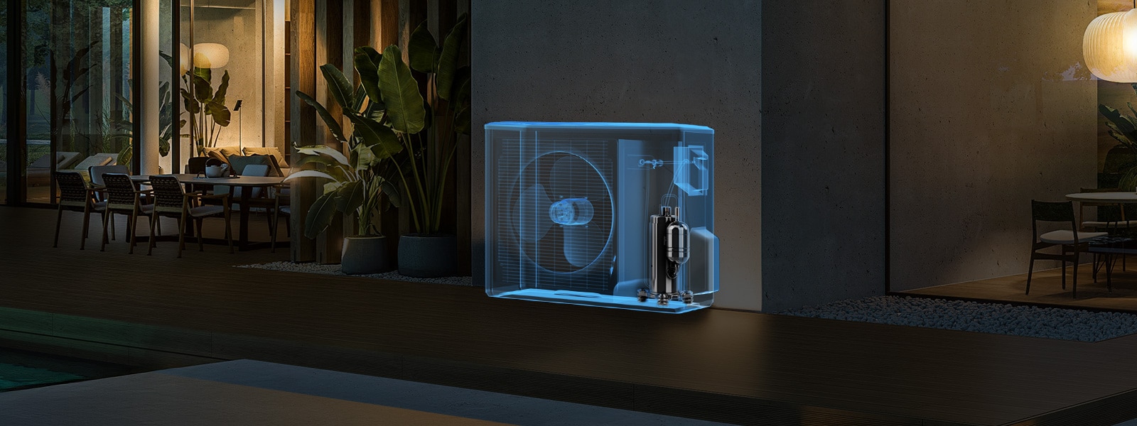 Outdoor night scene showing an LG air conditioning outdoor unit installed beside a modern house, with a transparent overlay revealing the internal compressor.