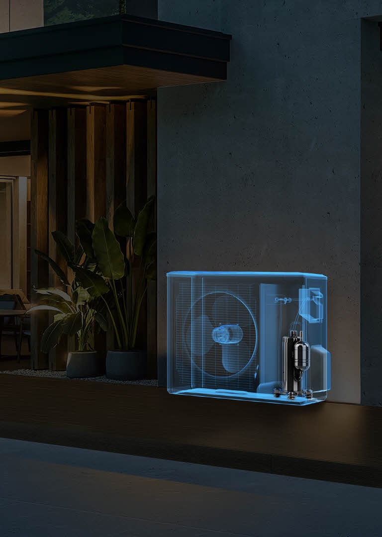 Outdoor night scene showing an LG air conditioning outdoor unit installed beside a modern house, with a transparent overlay revealing the internal compressor.