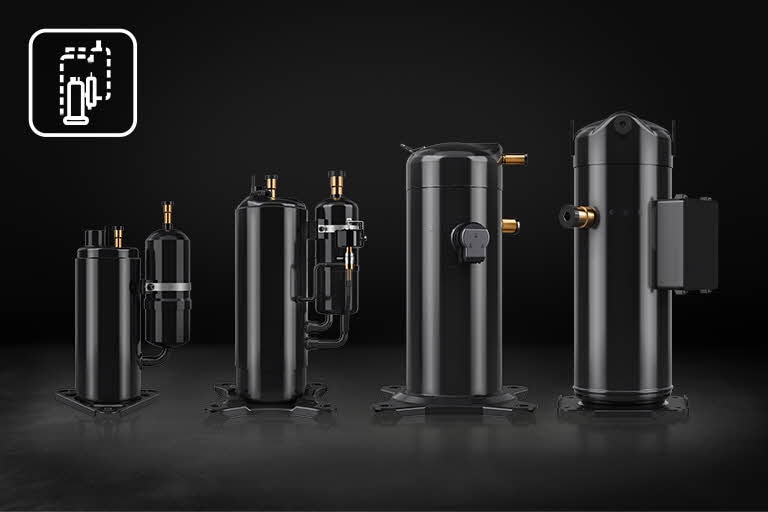 Front-facing lineup of various LG compressors in black finish, displayed on a dark reflective surface to emphasize wide capacity options up to 27 tons for residential and industrial cooling systems.