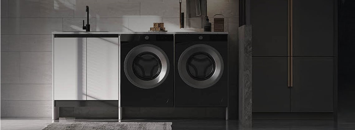 Modern laundry room with two front-loading LG dryers installed side by side under a built-in counter, emphasizing efficient drying solutions for residential use.