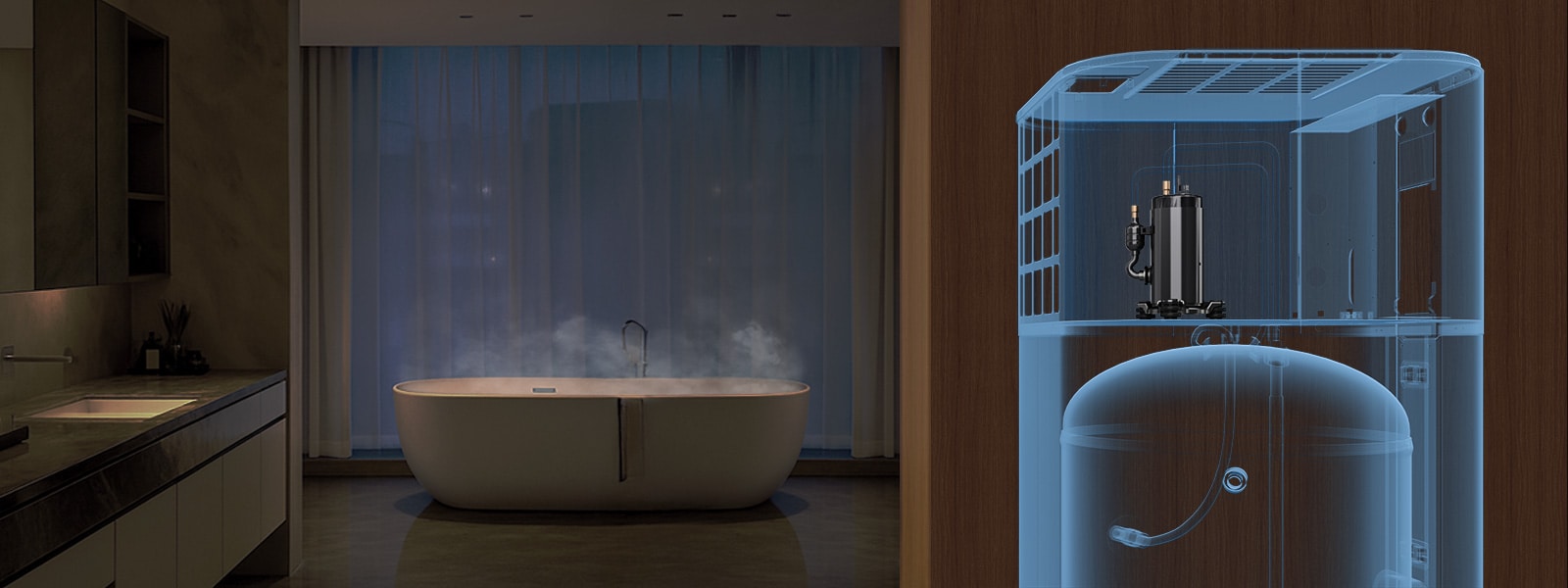 Modern bathroom with a steaming bathtub near a window, accompanied by a cutaway view of an LG domestic water heater system showing the internal compressor for efficient residential heating.