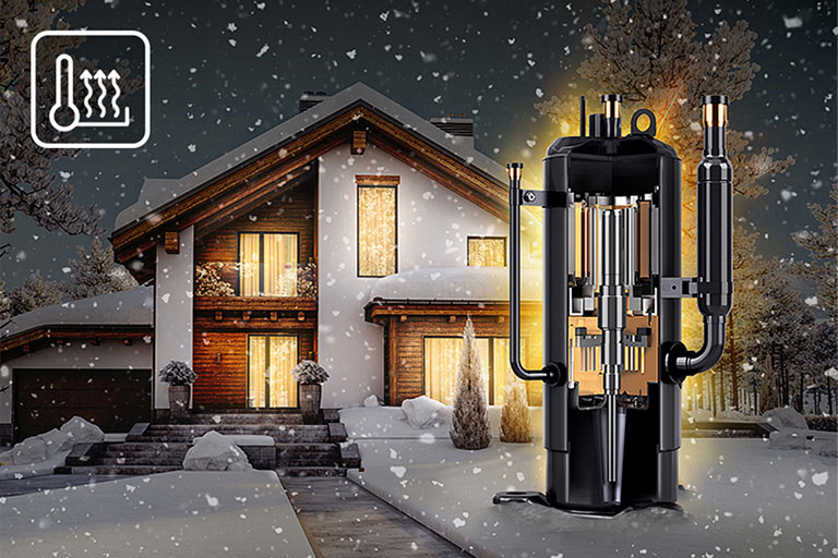 Snow-covered residential house with an enlarged cross-section of an LG compressor in the foreground, highlighting stable heating performance down to -25°C for cold climate applications.