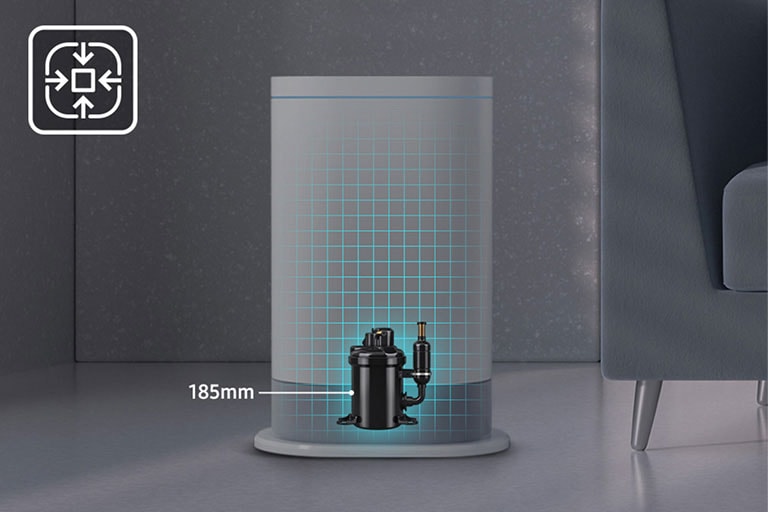 Compact LG compressor placed on a circular platform in a narrow corner of a modern interior, demonstrating flexible installation in tight residential spaces with only 185mm in width.
