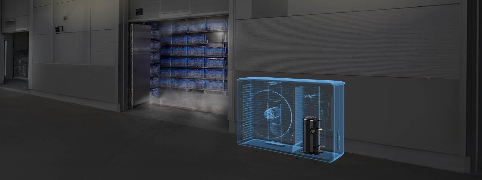 Industrial cold storage facility with an open freezer room filled with stacked crates, featuring a transparent overlay of an LG outdoor refrigeration unit showing internal compressor components for precise low-temperature control.