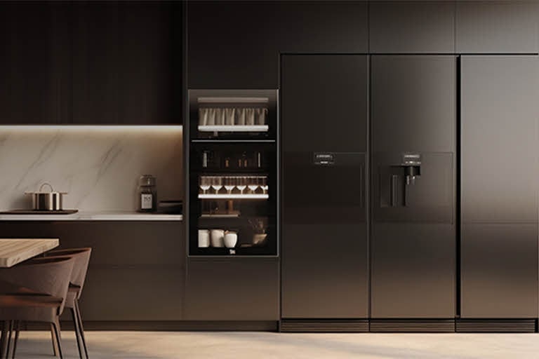 Modern kitchen with a built-in side-by-side refrigerator featuring a sleek matte finish, seamlessly integrated into dark cabinetry for premium residential cooling.