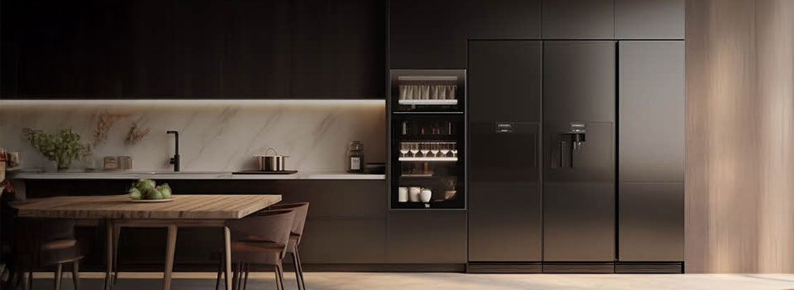 Modern kitchen with a built-in side-by-side refrigerator featuring a sleek matte finish, seamlessly integrated into dark cabinetry for premium residential cooling.