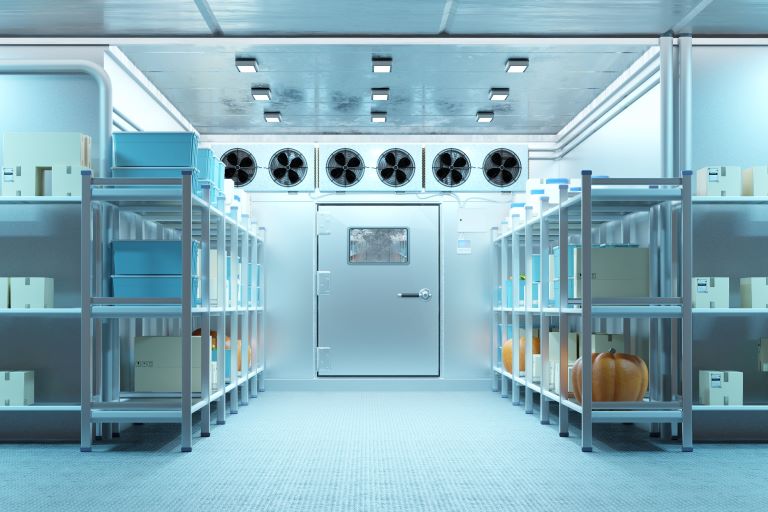 Interior view of a large industrial walk-in Freezerwith a high-ceiling structure and multiple loading doors, designed for commercial cold storage applications.