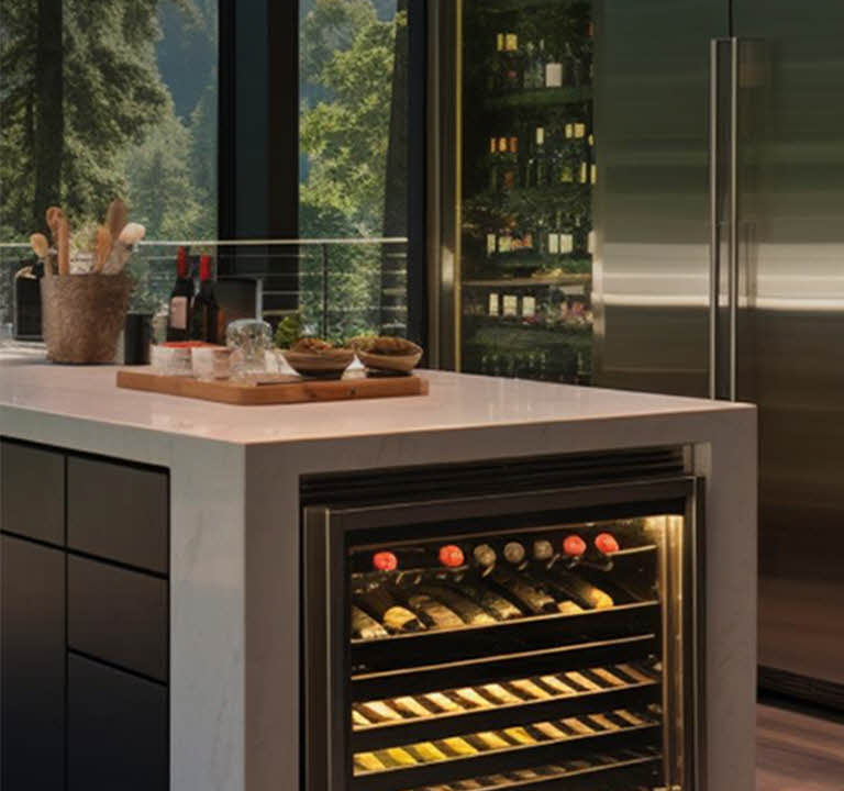 Contemporary kitchen with large wine cellar units and under-counter wine cooler, designed to preserve bottles at optimal temperatures in a glass-front display.