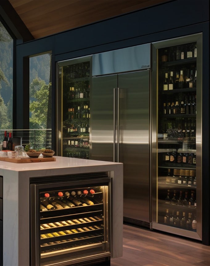 Contemporary kitchen with large wine cellar units and under-counter wine cooler, designed to preserve bottles at optimal temperatures in a glass-front display.