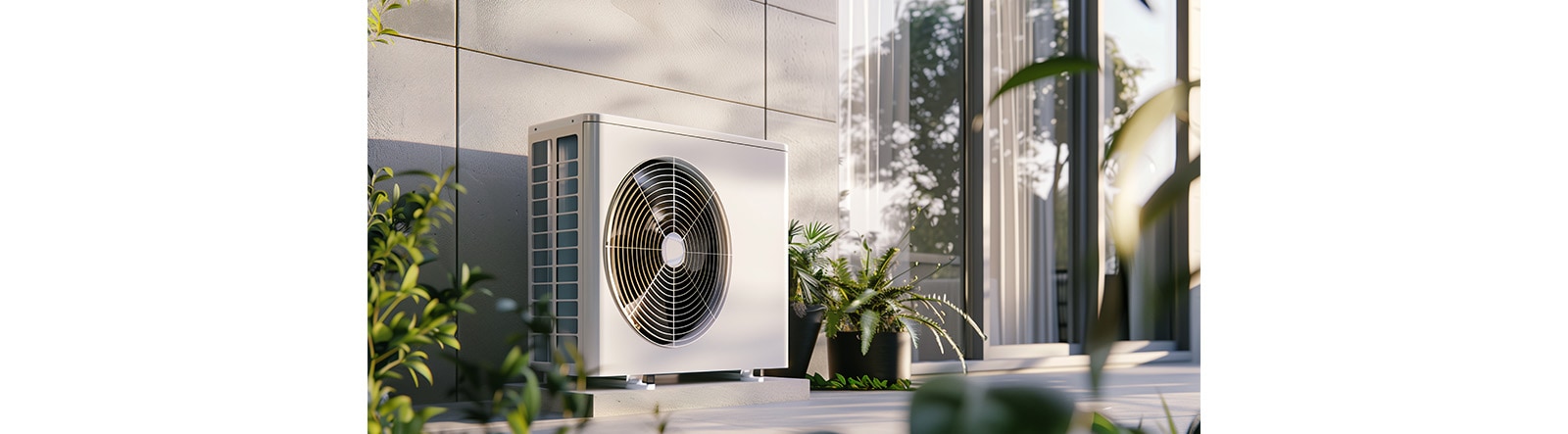 The image shows a white air conditioning unit installed outdoors. The unit is positioned against a gray wall, with potted plants beside it. 