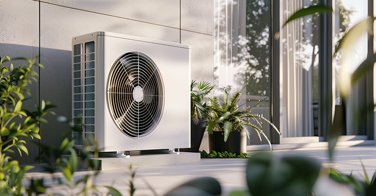 The image shows a white air conditioning unit installed outdoors. The unit is positioned against a gray wall, with potted plants beside it. 