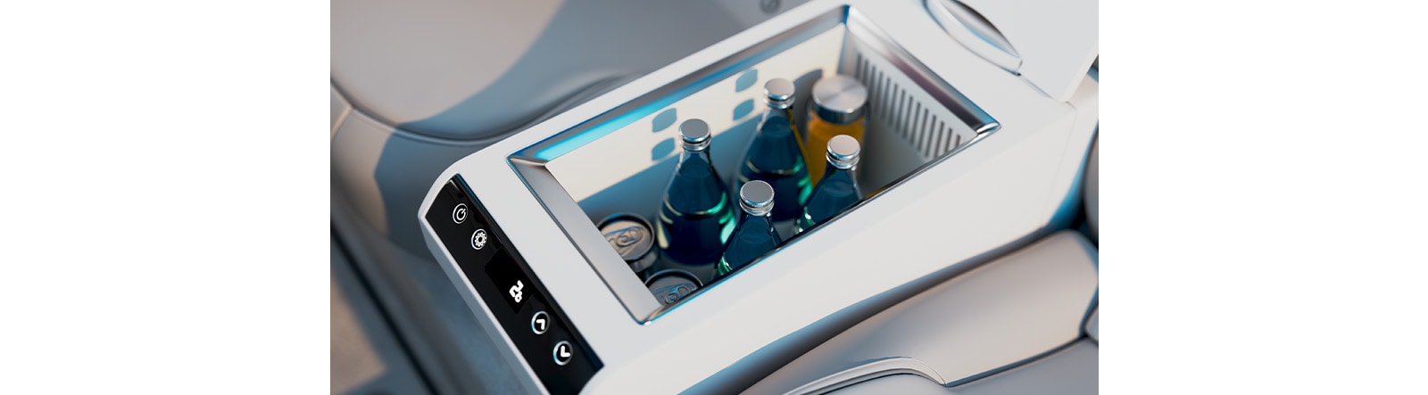An in-car refrigerator, filled with chilled drinks, sits in the backseat, ready for a road trip.