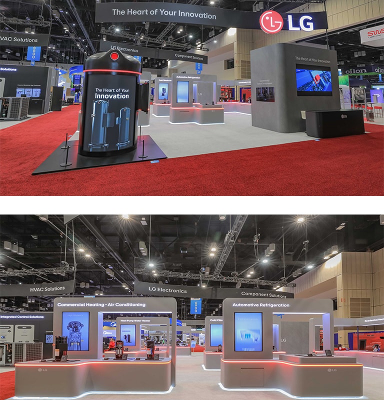 The images show the front view and the back view of the LG Booth in AHR 2025 with products displayed. 