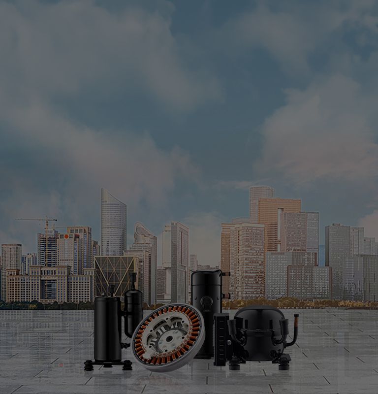 With a cityscape background featuring several buildings, there are 5 different Compressors and Motors of LG.
