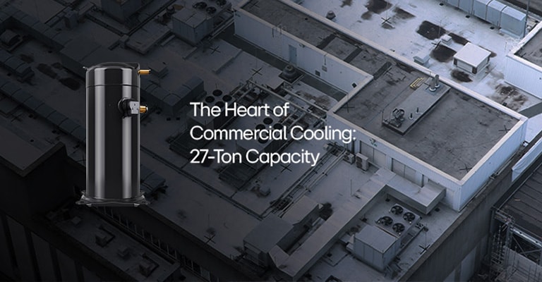 The image highlights a 27-ton capacity compressor as "The Heart of Commercial Cooling," set against the backdrop of a rooftop HVAC system.