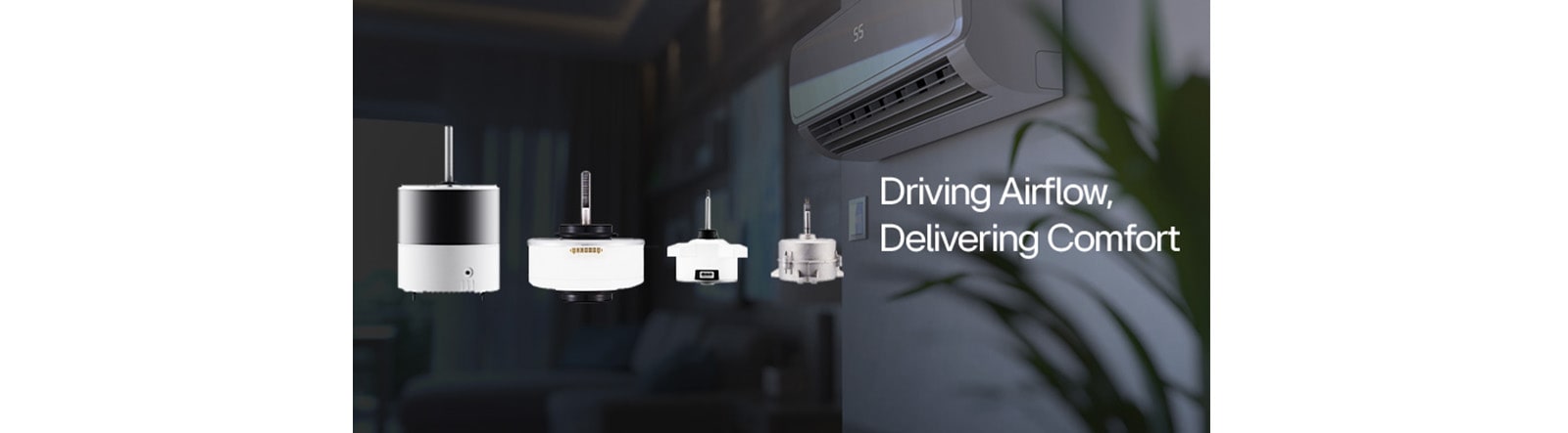 The image displays various motor components alongside a wall-mounted air conditioning unit with the caption "Driving Airflow, Delivering Comfort."