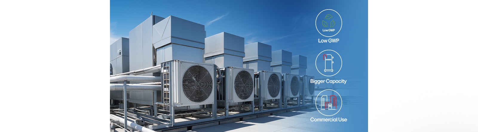 With the rooftop unit as the image background, showing the features of the new series of compressors using icons.