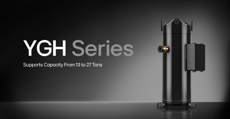 A YGH compressor is shown in a dark background, along with the description of its capacity. 