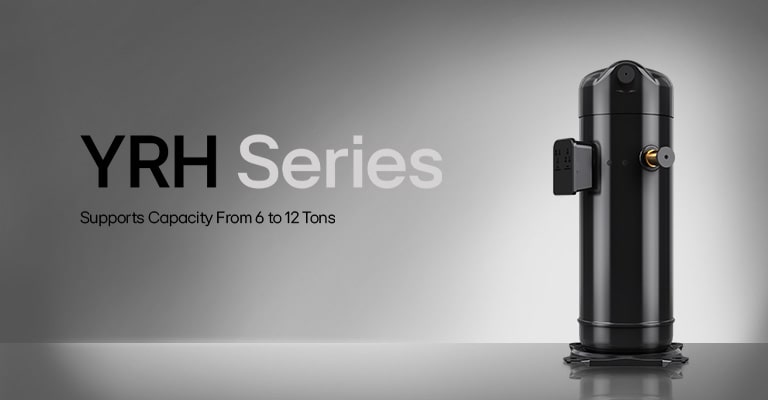 A YRH compressor is shown with a grey background, along with the description of its capacity. 