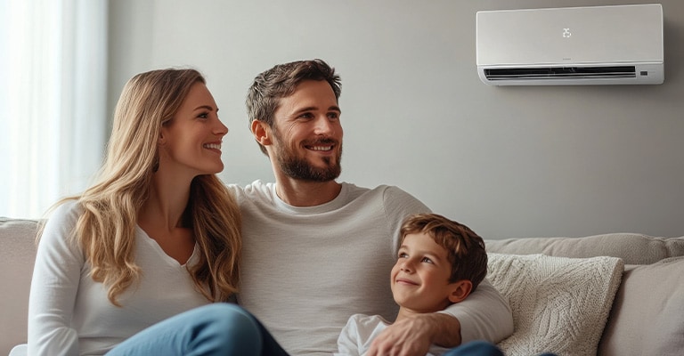 A family of three is comfortably seated on the sofa, enjoying the cool breeze from the aircond