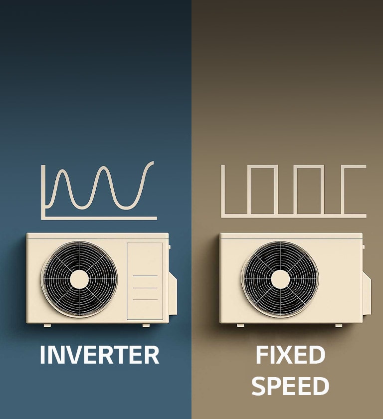 Inverter unit showing on the left and fixed-speed unit showing on the right with the graph representing their operation