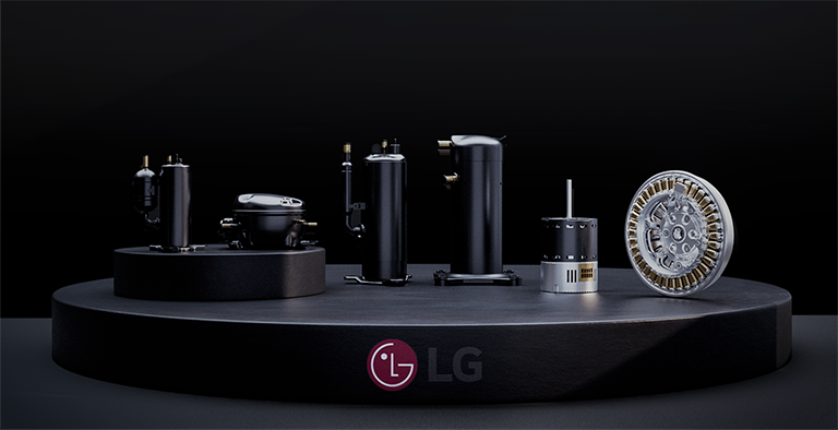 Compressors and Motors from LG are lined up in a row against a dark background.