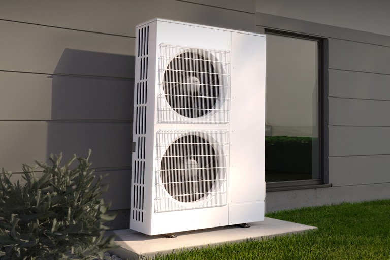 Air conditioner outdoor unit which is white color is placed in the middle.