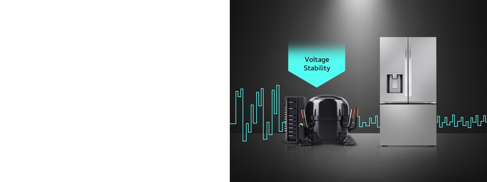 LG variable speed reciprocating compressor unit next to a refrigerator. A teal waveform graphic appears in the background on a dark setting.